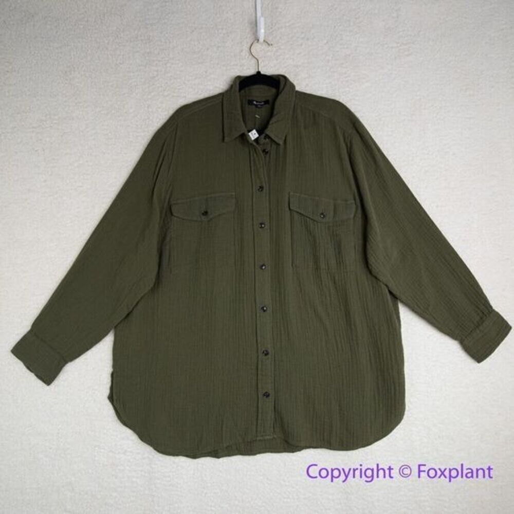 New! Madewell Lightspun Flap Pocket Oversized Ex-Boyfriend Shirt green, size 2X - Picture 2 of 16